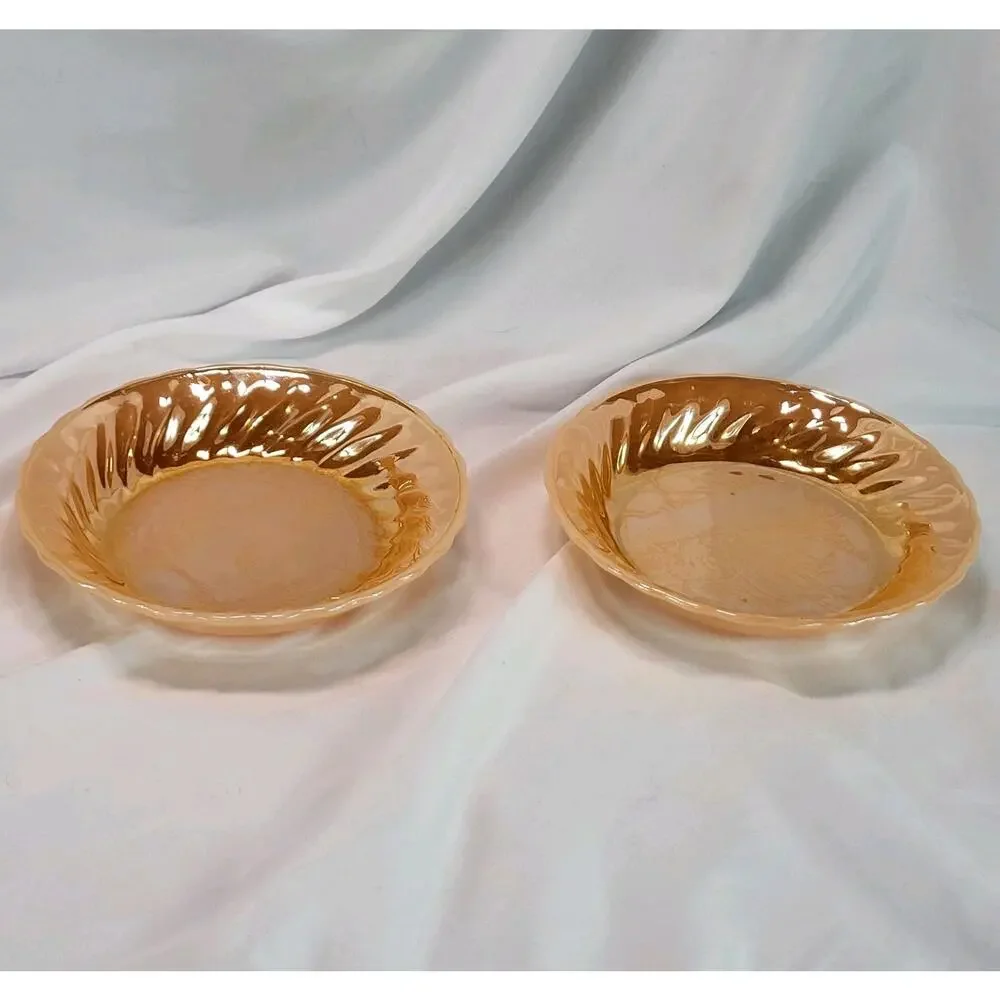 Set of 2 Anchor Hocking Fire King Peach Lustre Shell‎ Swirl Pasta Bowls 8 1/2